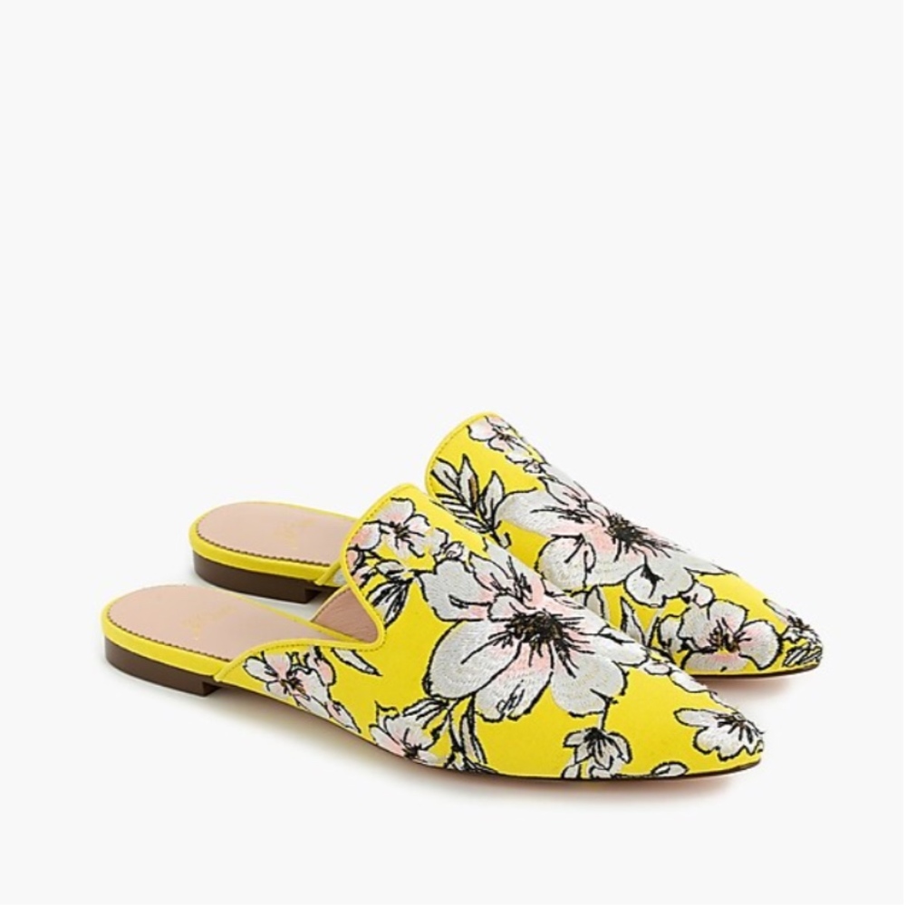 J. Crew Yellow Floral Pointed-Toe Mules